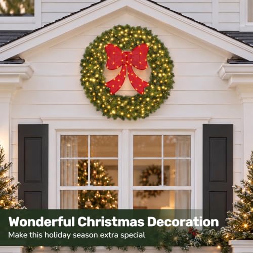 Sweetcrispy 36in Artificial Pre-Lit Fir Christmas Wreath with Green Spruce & Red Bow - 31V Plug-In