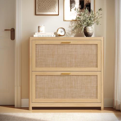 VASAGLE Boho Shoe Storage Cabinet - Slim Rattan Look Flip Drawers, Oak Beige - 9.4"D x 33.9"W x 32.9"H