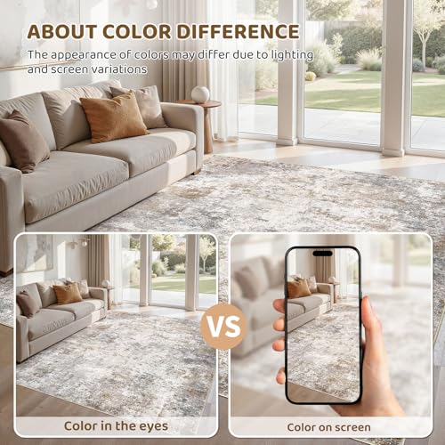 6x9 Brown Grey Washable Abstract Area Rug - Soft Non-Slip Indoor Floor Carpet for Living Room & Bedroom