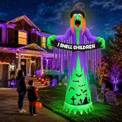 12FT Giant Halloween Inflatable Witch with LED Lights and Banner for Outdoor Decor