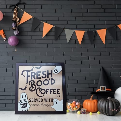Halloween Decorations Wooden Hanging Sign, Fresh Boo'd Coffee Ghost Door Hanger Sign For Outdoor Home Farmhouse Wall Window Yard,Party Supplies Halloween Christmas.(007)