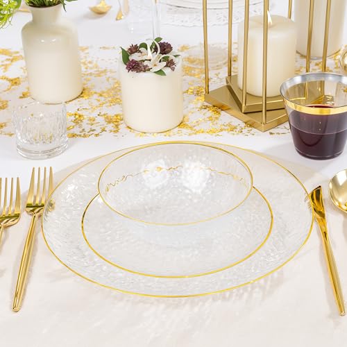 Rubtlamp 50 Pack Clear Disposable Plastic Bowls with Gold Rim, 12oz Heavy Duty for Salads & Snacks - Gold Variant