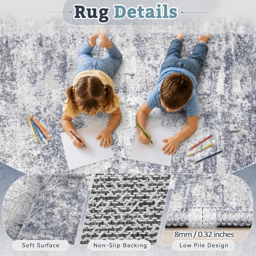 Blue Grey 8x10 Washable Abstract Area Rug for Living Room - Non Slip