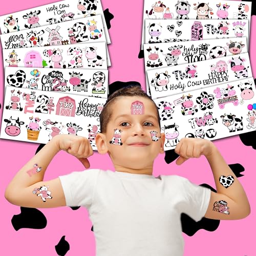 Holy Cow Im Two Temporary Tattoos Pink Cow 2nd Birthday Party Decorations Favors Supplies Cow Themed Stickers 10 Sheets 100 PCS Gifts for Baby Girls Boys Decor Class School Carnival Christmas