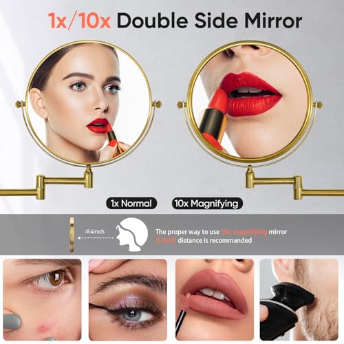 GURUN 8-Inch Wall Mounted Makeup Mirror with 10X Magnification - Retro Gold