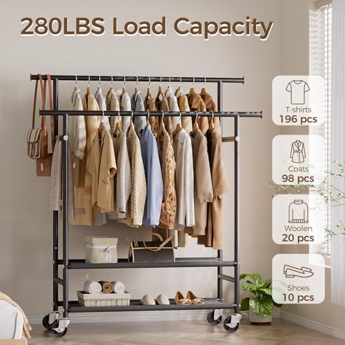 HYSEYY Black Large Double Rod Clothes Rack with 2-Tier Shelves & Wheels