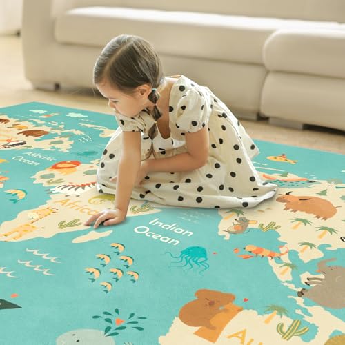 Kids Playroom Rug 5x7 Blue Planet Safari Educational Animal Map Non-Slip Washable
