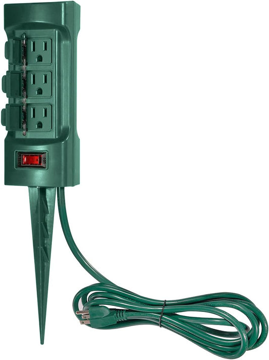 Outdoor Power Strip with Covers - 6-Outlet Yard Stake, 9ft Cord & Overload Protection