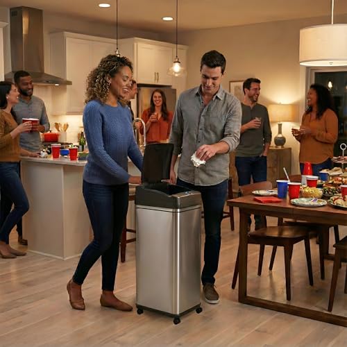Touchless Sensor Kitchen Trash Can with Odor Filter and Wheels - Silver & Black