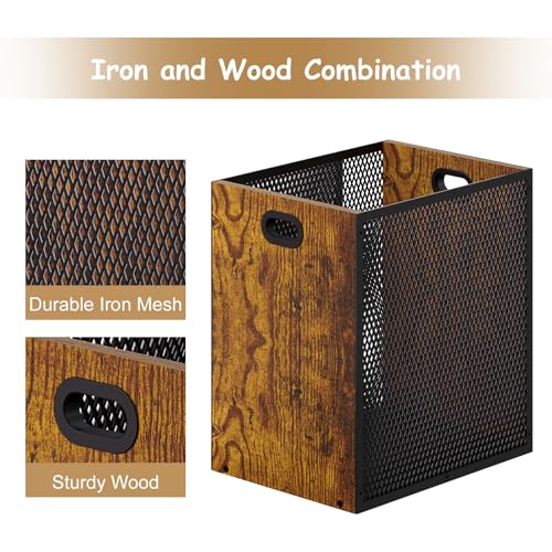 Large 2-Pack Retro Industrial Trash Cans - Iron & Wood Wastebaskets with Handles