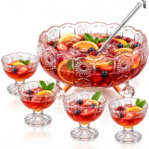 Vintage Style 6-Piece Crystal Punch Bowl Set with Ladle & Cups - LemonRoad