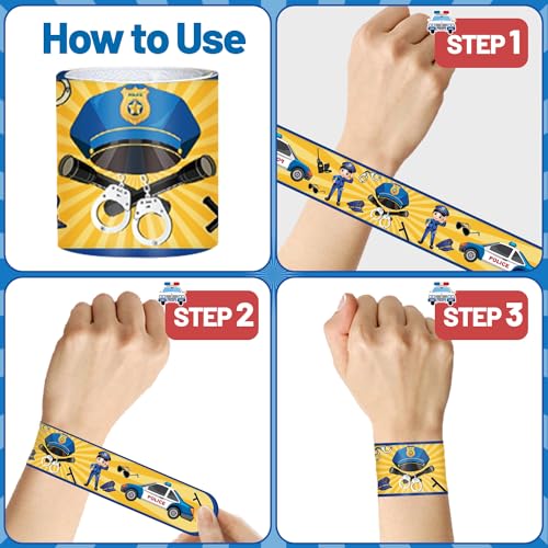 74PCS Party Favors - 24PCS Police Officer Slap Bracelets, 50PCS Stickers for Police Decorations, Kids Gifts, Classroom Rewards, Prizes, Carnival, Christmas