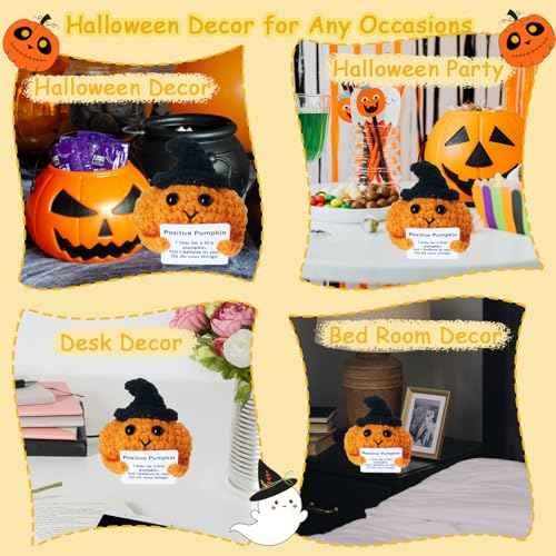 Halloween Positive Pumpkin Emotional Support Crochet Doll Decor Halloween Basket Stuffer for Women Men Funny Handmade Hat Pumpkin Doll Christmas Stocking Stuffers for Girls Boys Party Decoration