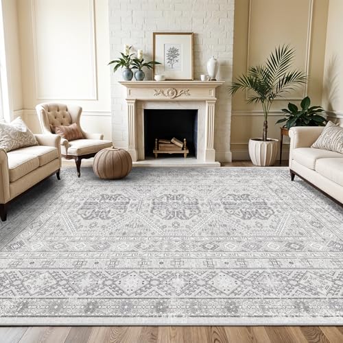 10x12 Grey Washable Area Rug with Non-Slip Backing - Vintage Style Living Room Carpet