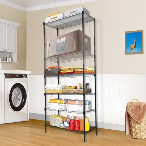 Black 6-Tier Heavy Duty Storage Shelves with Wheels - 30x14x70 Inches