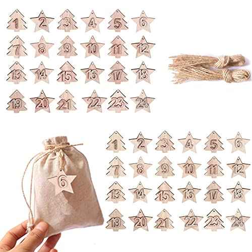 DAHI 2Sets 48Pcs Wooden Advent Calendar Pendants Xmas Tree Hanging Ornaments for Holiday Decor Christmas Tree Decoration, DIY Crafts Gift Tags, Hanging Ornaments