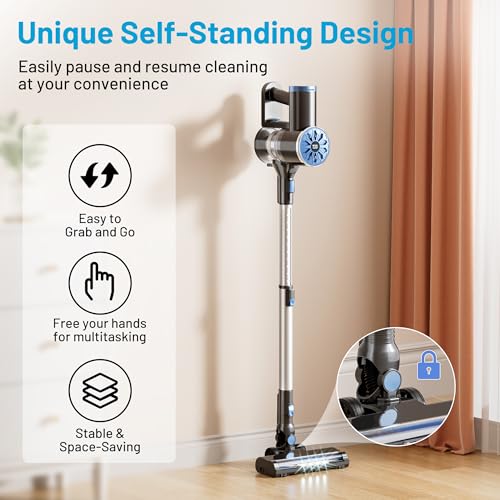 Blue Cordless Stick Vacuum Cleaner with Self-Standing & LED Screen - Lightweight Pet Hair & Hardwood Floor Sweeper