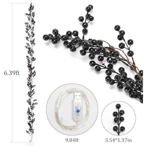 KAMJUNTAR Black Pip Berry Garland with Lights 6.4FT Artificial Black Berry Garland for Decorating Halloween Garlands Decorations for Home Outdoor Indoor Mantle Fireplace Table, Pack of 1