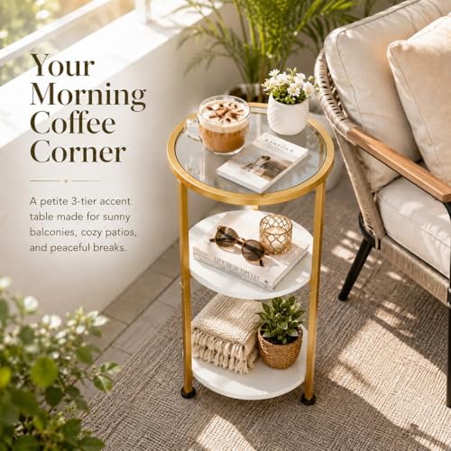 3-Tier Tempered Glass Side Table - White & Gold Space-Saver