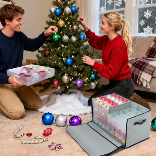 BALEINE Christmas Ornament Storage Box with Dividers, Grey, Holds 128 Balls, Soft Material
