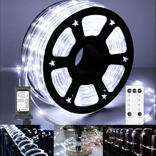 Soiarllt 100Ft Cool White LED Rope Lights Outdoor with Remote & Plug