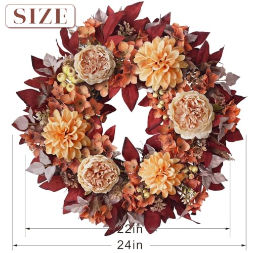 24-Inch Fall Artificial Peony Dahlia Wreath for Front Door Decor - Autumn Leaves