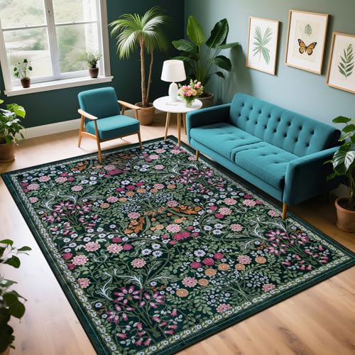 5x7 Floral Washable Area Rug - Dark Green Boho Living Room Carpet