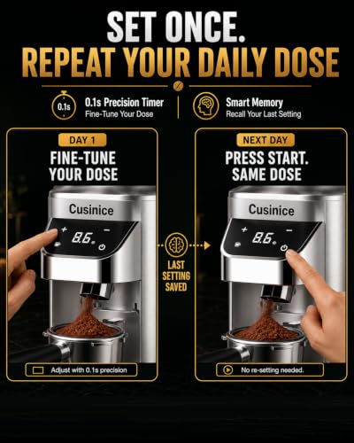 Cusinice Brushed Silver Conical Burr Coffee Grinder with 0.1s Timer & Anti-Static Design