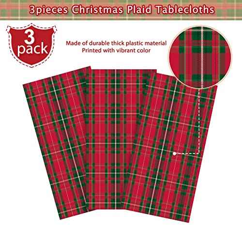 3Pcs Christmas Buffalo Checkered Plaid Party Tablecloth Decorations,Disposable Plastic Red and Green Xmas Rectangle Table Cover Backdrop for Christmas Winter Holiday Party Supplies, 54 x 108 inches