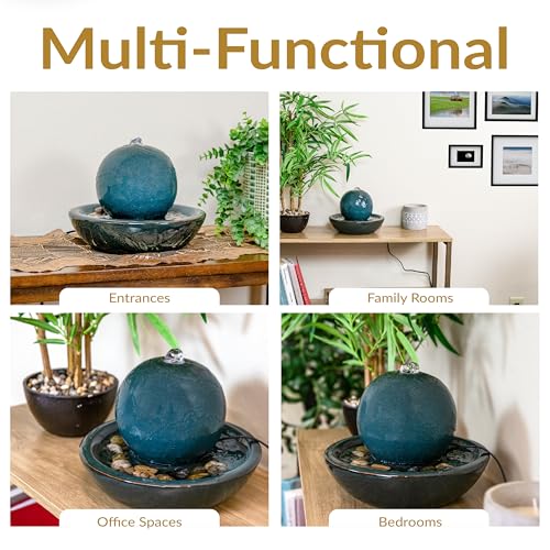 Sunnydaze Teal 7-Inch Ceramic Tabletop Fountain with Orb, Relaxing Water Sounds