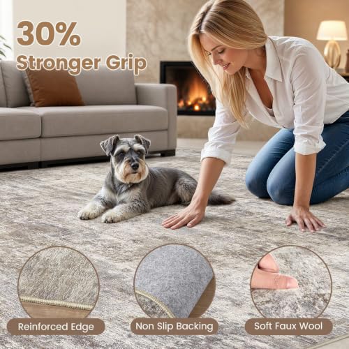 Cotiled 9x12 Area Rug for Living Room - Abstract Washable Carpet, Brown & Grey