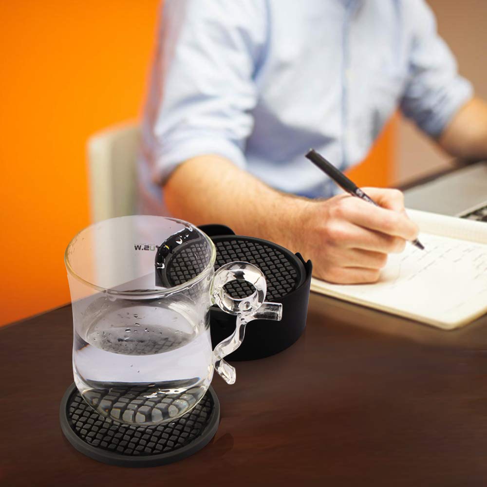 ME.FAN Silicone Coasters [6 Pack] Thickened Drink Coasters with Holder - Cup Mat - Non-Slip, Non-stick, Stay Put, Deep Tray - Prevents Furniture and Tabletop Damages