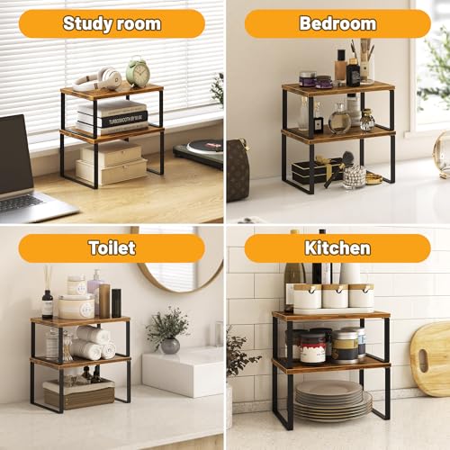 Kitchen Cabinet Organizer Shelf Set of 4 Rustic Brown Stackable Expandable Wood Spice Racks