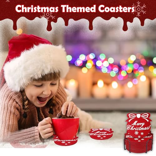 12 Pack Red Christmas Snowflake Felt Coasters - Absorbent Non-Slip 3.9in for Winter Holiday Decor