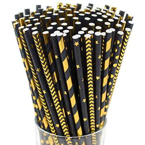 Black, Gold, Black and Gold, Stripe, Star, Chevron ? Disposable Champagne Party Paper Straws 100 Bulk for Drinking, Cocktails, Crafts, Cake pops, Bridal Shower, Birthday, Christmas Decor