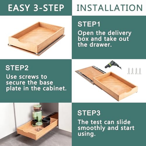 Pull Out Kitchen Cabinet Drawer Organizer - Fully Assembled Beech Wood, 11”W x 21”D Variation