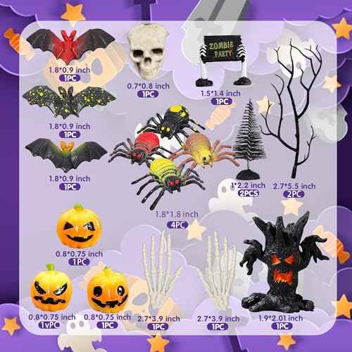 ZXSWEET Halloween Village Accessories Set Miniature Figurines Fake Tree Branches Skull Tree Demon Resin Pumpkin Fake Spiders Bat Hand for Halloween Party Decorations