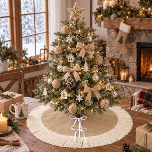 Mini Burlap Christmas Tree Skirt 24 Inch with Tassels – Small Fall Rustic Linen