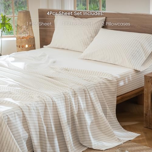 MooMee Wide Stripes Queen Sheet Set - White & Linen Grey 100% Washed Cotton