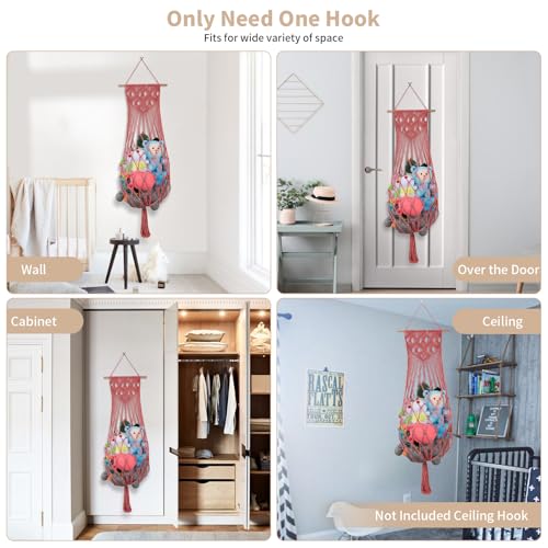 Stuffed Animal Hammock w/LED Star Light, 63 Inch Jumbo Toy Hammock Wall Hanging Plushie Net Holder for Boho Nursery Decor, Watermelon Red Stuffed Animal Storage Organizer for Kid Girls Boys Gift