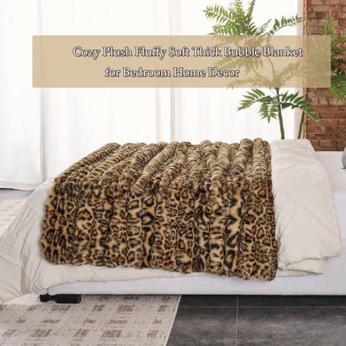 Faux Rabbit Fur Throw Blanket - Leopard Brown, 50x60 Inches, Super Thick & Cozy