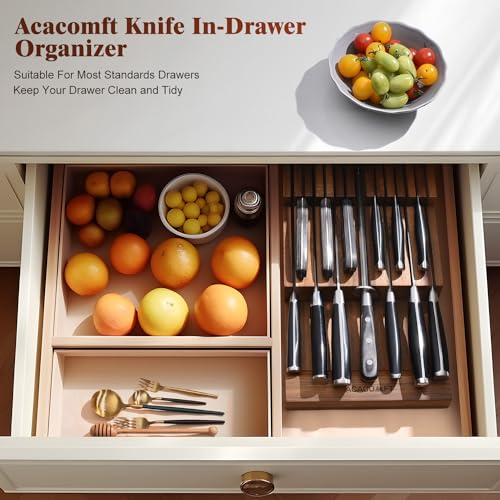 In-Drawer Knife Block Organizer without Knives, Acacia Wood, Fits Most Drawers