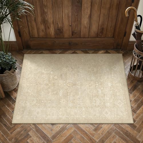 Beige Neutral Floral Area Rug - Machine Washable Non-Slip Home Decor