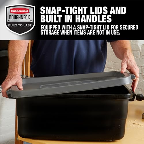 Heavy Duty Plastic Storage Totes 10 Gal 6 Pack with Lids - Stackable Garage & Attic Bins - Black & Gray