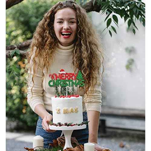 JOZON 37 Pack Gold Red Green Merry Christmas Cake Topper and Cupcake Toppers Set Glittery Xmas Holiday Cupcake Picks Christmas Party Cake Supplies Decoration