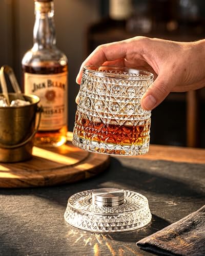 CEEFU Gem Cut 360° Spinning Whiskey Glass Set of 4 with Gift Box & Ice Ball Molds