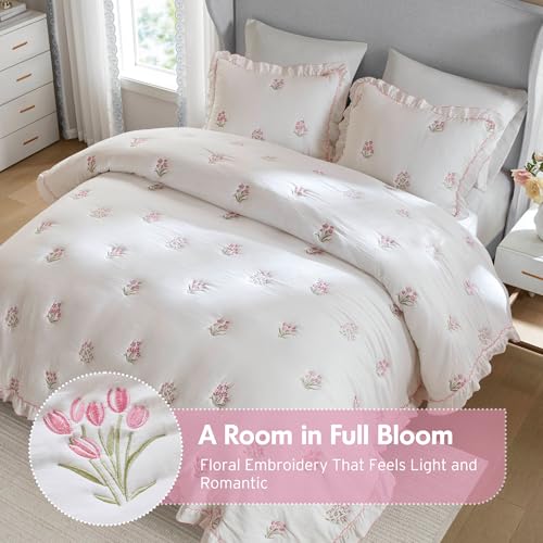 Pink Floral Ruffle Quilt Set - Queen Size, 3 Pieces, Microfiber Bedding