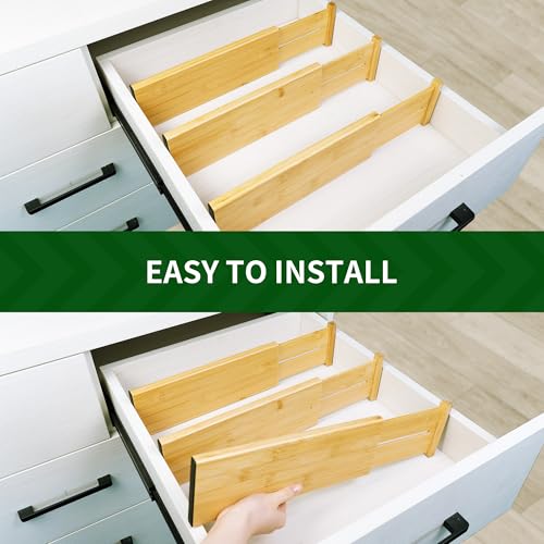 VaeFae 6 Pack Bamboo Drawer Dividers 4 Inch High, Adjustable 16.6-21.8 Inch for Kitchen, Bedroom, Bathroom, Office Storage