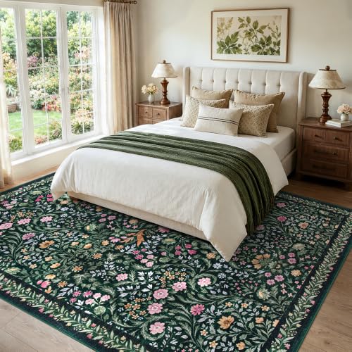 Tosuoka 8x10 Dark Green Washable Boho Floral Area Rug for Farmhouse & Living Room