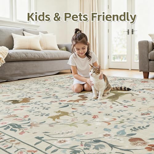 Yidanamy Beige Animal & Floral 5x7 Washable Area Rug for Living Room & Nursery